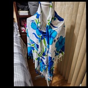 KNIT KIMONO Wrap Shawl Scarf blue plumeria & hibiscus one size●